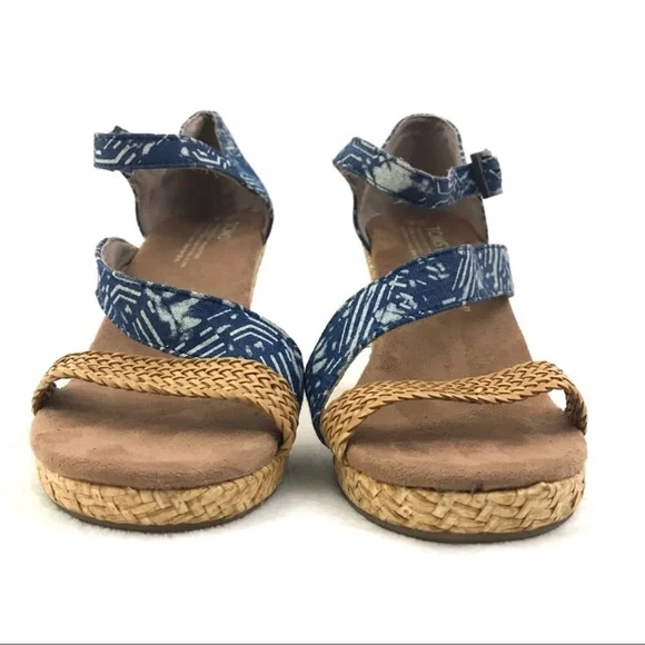 NWOT TOMS Clarissa Ankle Strap Wedge Sandals Shoe Blue Rattan - Picture 3 of 6